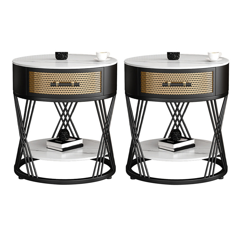 Drawer Side Accent Table Stone Top Metal Frame End Table with Shelf