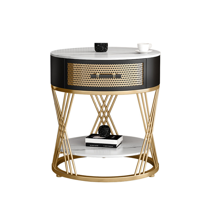 Drawer Side Accent Table Stone Top Metal Frame End Table with Shelf
