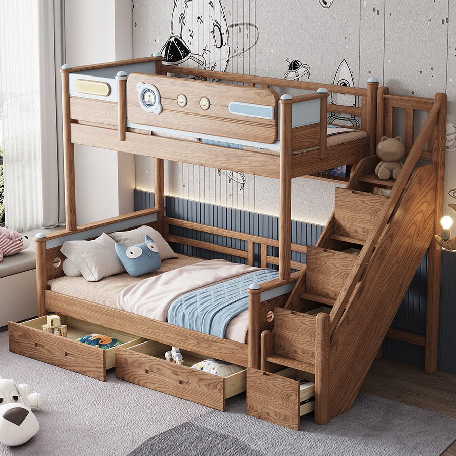 Brown Scandinavian Bunk Bed Solid Wood Standard Bunk Bed with Guardrail