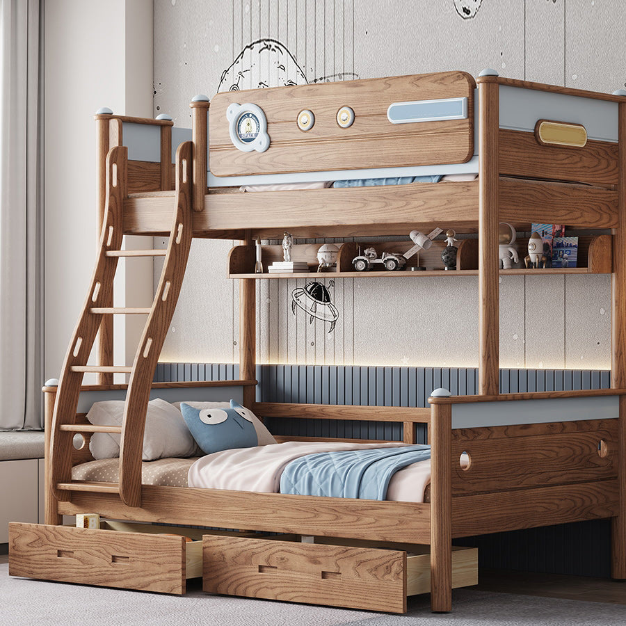 Brown Scandinavian Bunk Bed Solid Wood Standard Bunk Bed with Guardrail