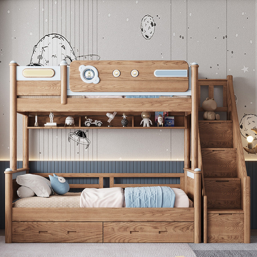 Brown Scandinavian Bunk Bed Solid Wood Standard Bunk Bed with Guardrail