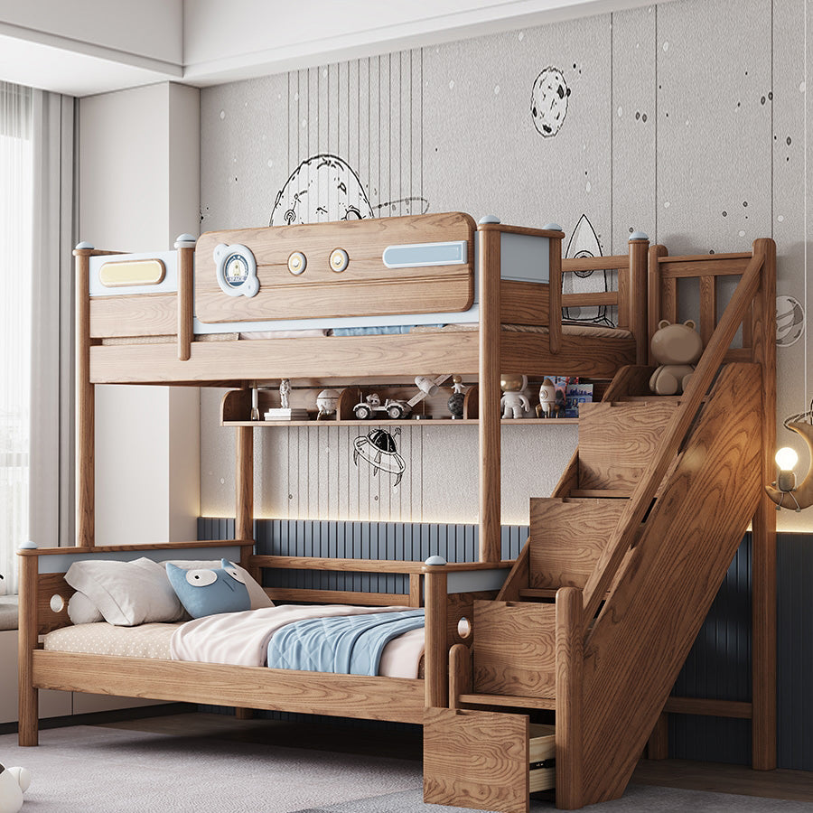 Brown Scandinavian Bunk Bed Solid Wood Standard Bunk Bed with Guardrail