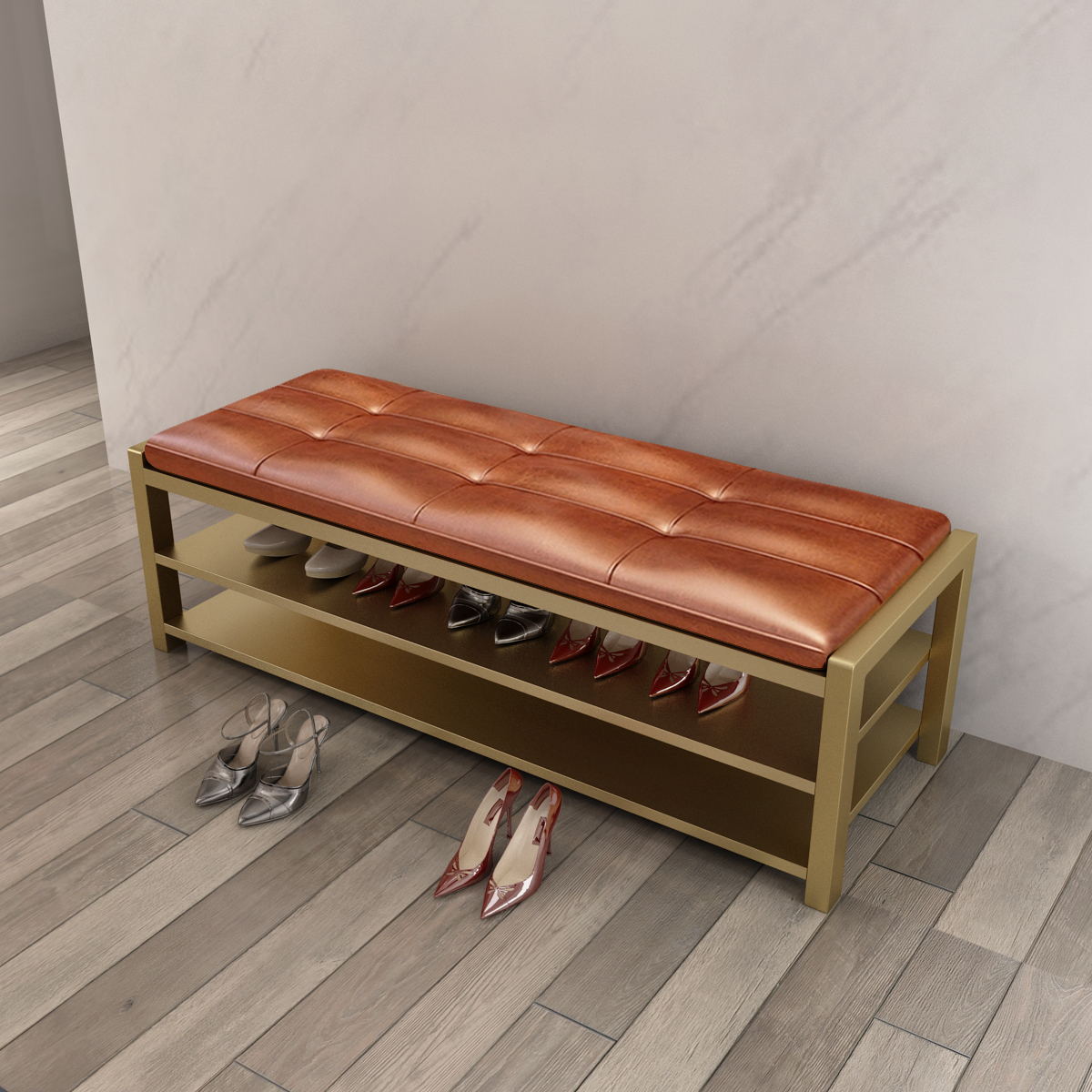 Glam Entryway Bench Cushioned Rectangle Seating Bench with Shoe Storage