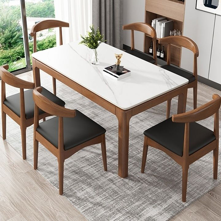 Rectangle Stone Top Dining Table Rubberwood Solid Wood 4 Legs Dining Table