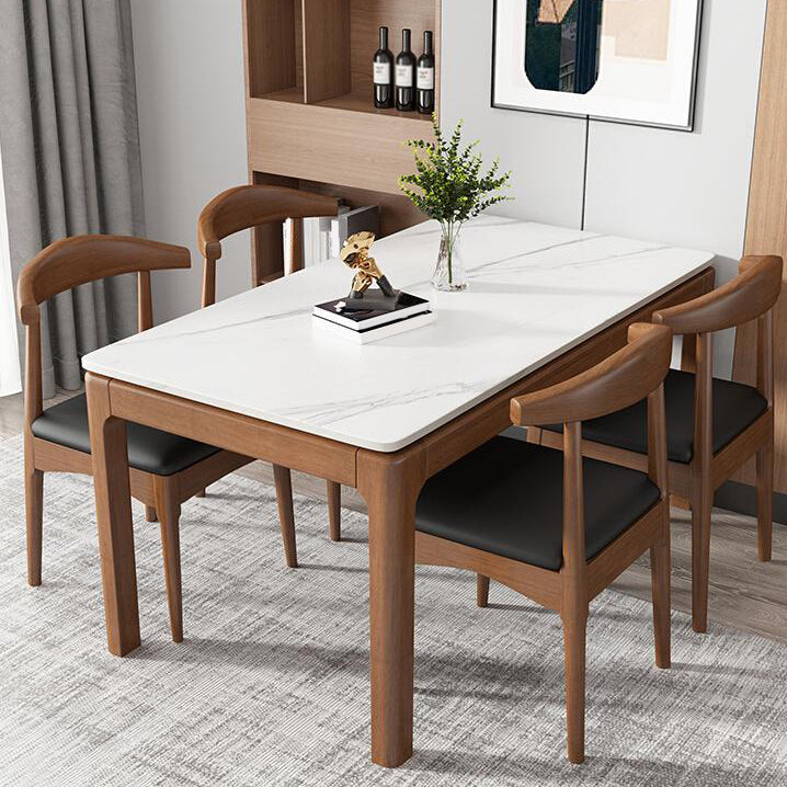 Rectangle Stone Top Dining Table Rubberwood Solid Wood 4 Legs Dining Table