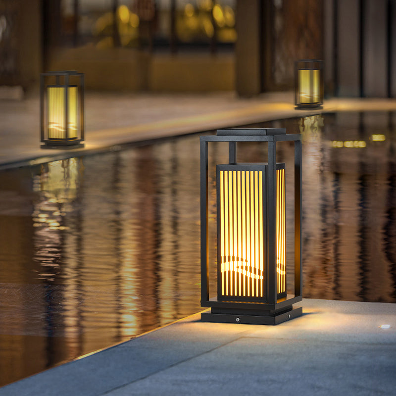 Rectangular Solar Pillar Lamp Modern Black Waterproof Light for Courtyard