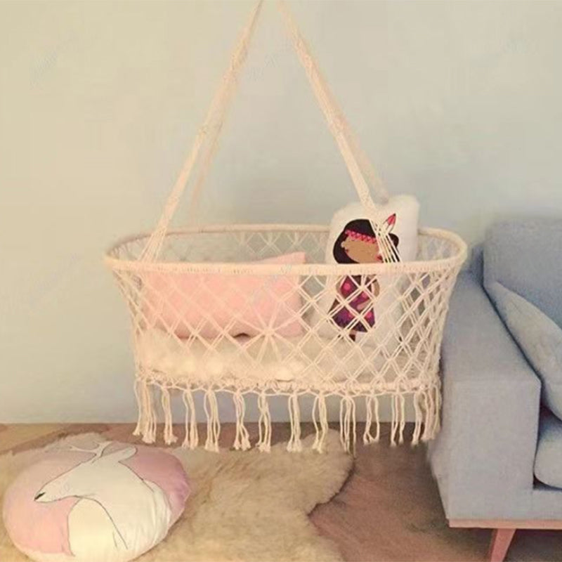 Traditional Manual Rocking Solid Wood Oval Crib Cradle with Rope