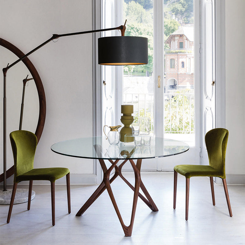 Modern Round Glass Desktop Dining Table Walnut Base for Dining Room