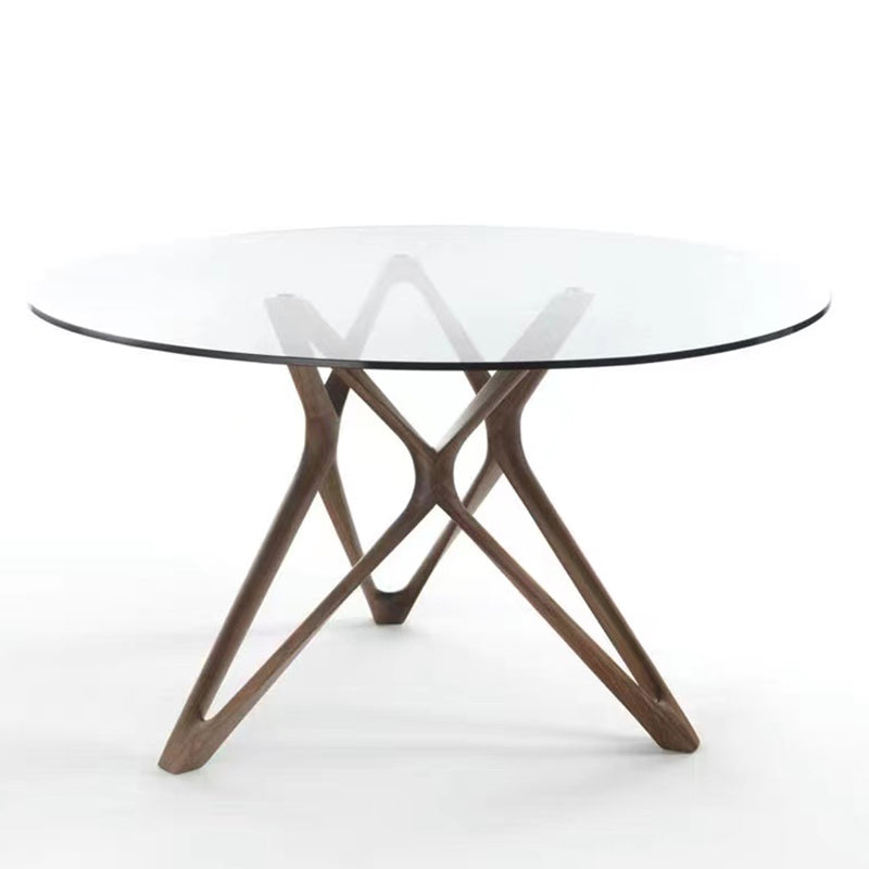 Modern Round Glass Desktop Dining Table Walnut Base for Dining Room