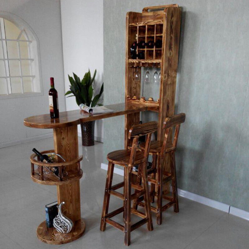 Brown Pine Wood Bistro Table with Wine Holder Pub Table for Home