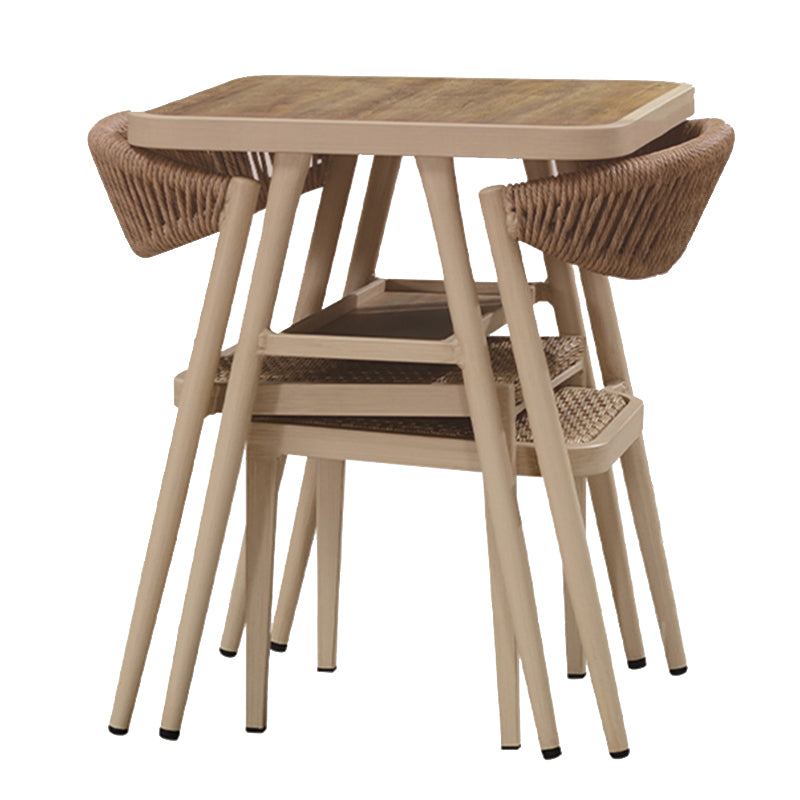 Faux Wooden Dining Table Set with Rattan Chairs for Outdoors