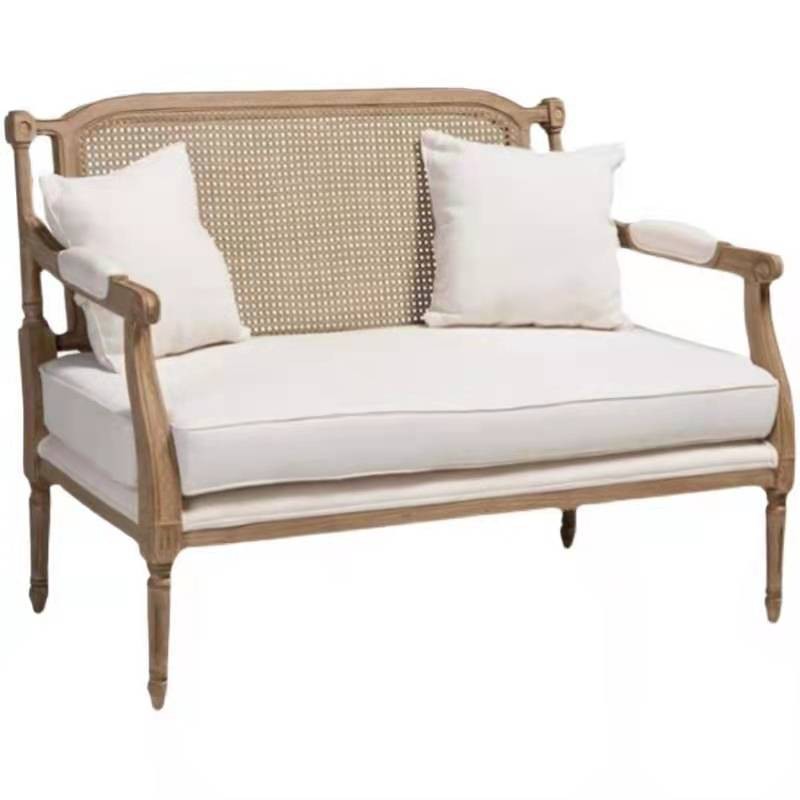 Solid Wood Tropical Sofa with Loose Back and Square Arm in Linen