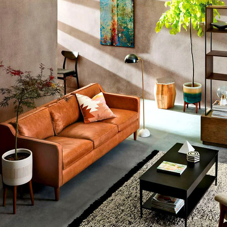 Mid Century Modern Sloped Arm Sofa Faux Leather Sofa for Living Room