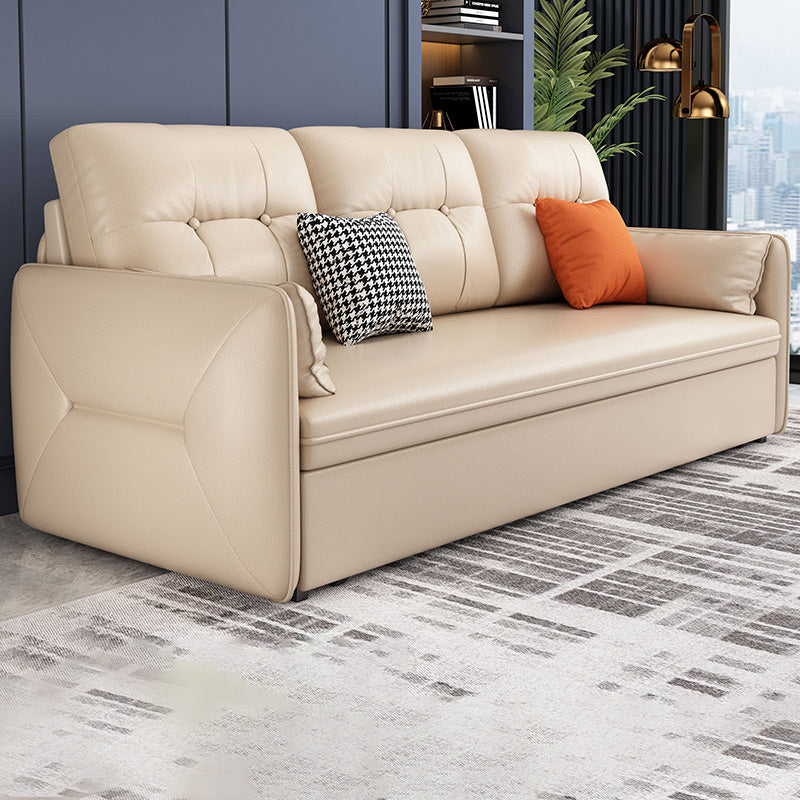Glam Square Arms Futon And Mattress Faux Leather Sleeper Sofa in Beige