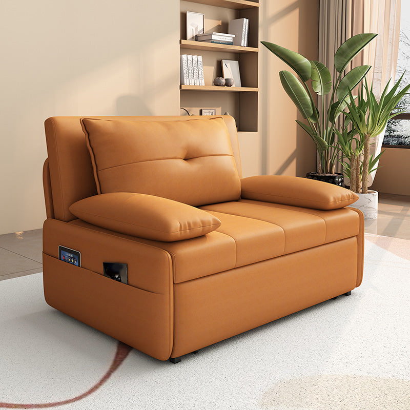 Modern Sofa Bed, Orange Faux Leather Futon and Mattress with Storage