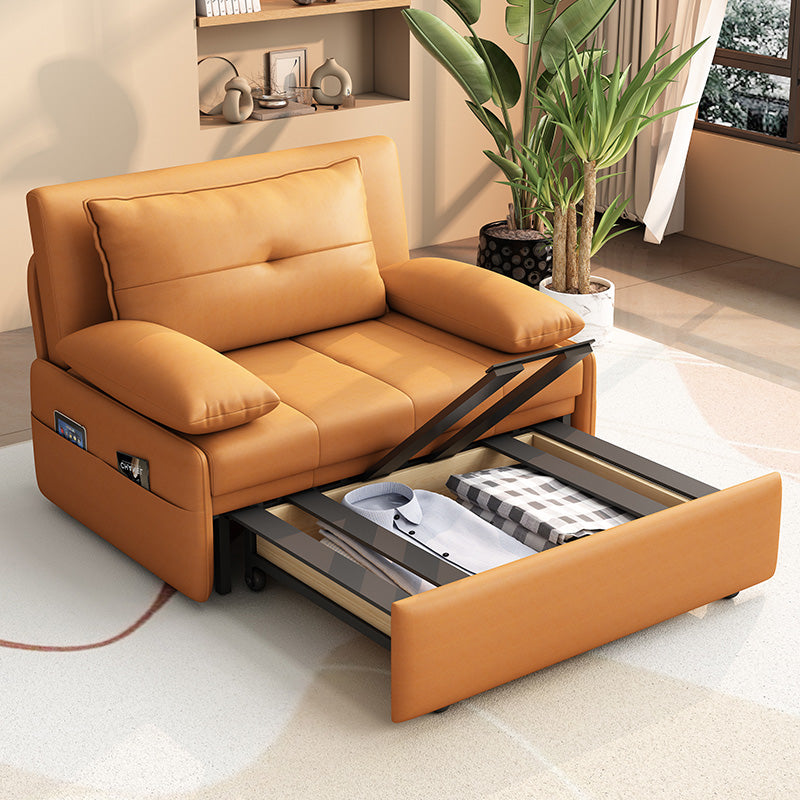 Modern Sofa Bed, Orange Faux Leather Futon and Mattress with Storage