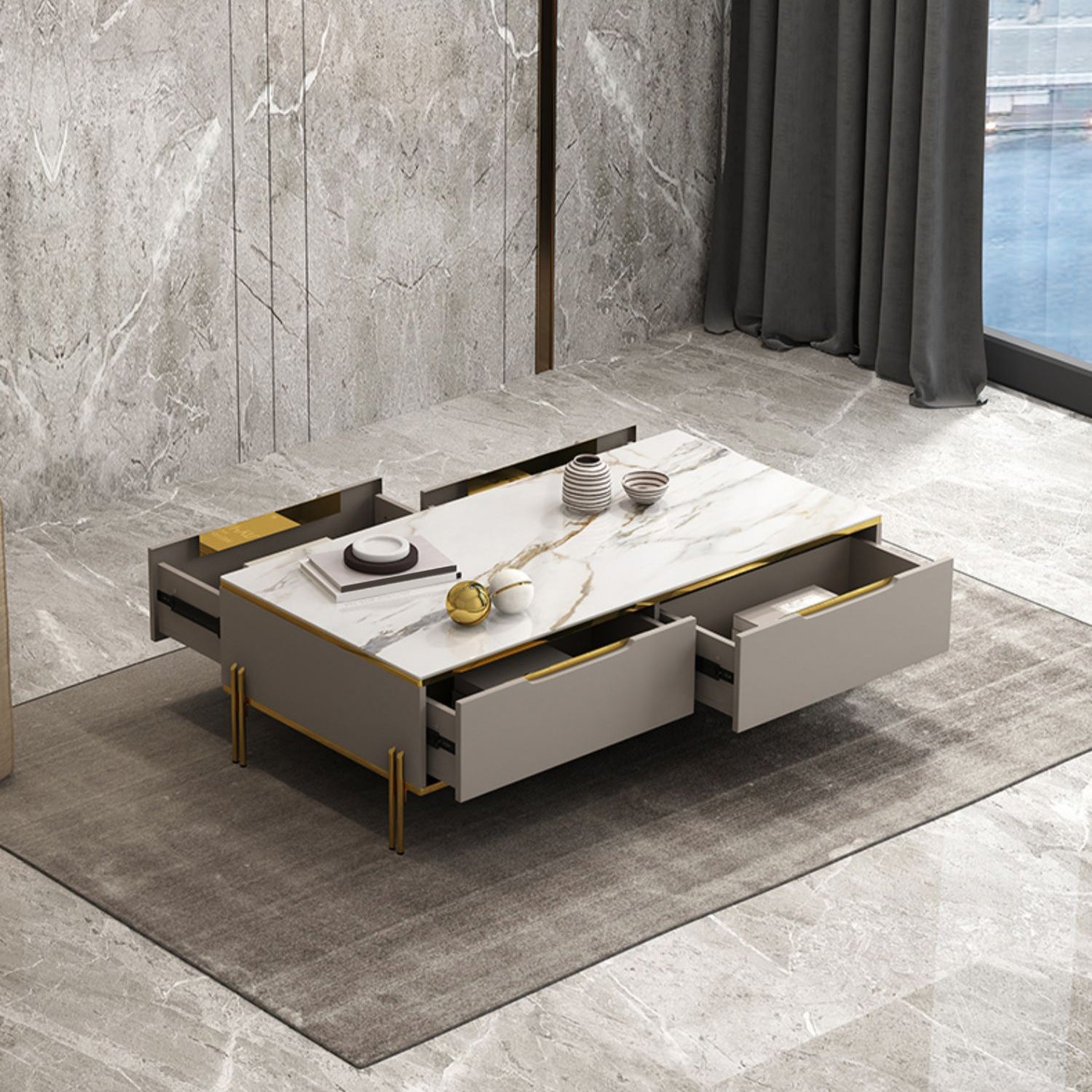 17" Wide Glam Cocktail Table Rectangle Stone Coffee Cocktail Table