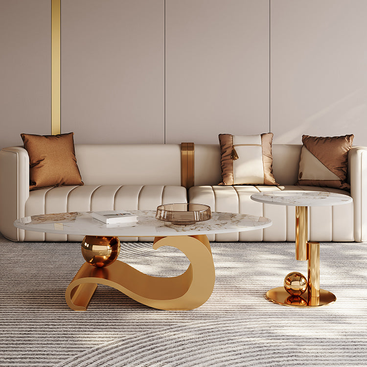 Stainless Steel Abstract Base Cocktail Table Oval Slate Top Coffee Table