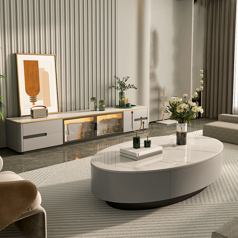 Glam Oval Slate Top Coffee Table 13.77" Tall Cocktail Table with Storage
