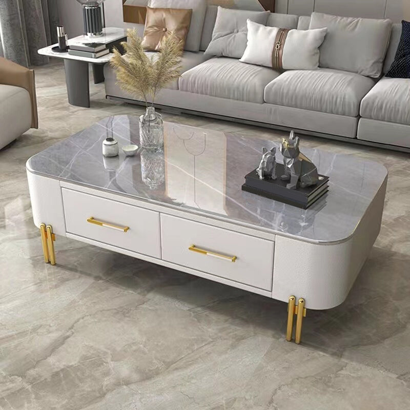 Rectangular Slate Top Coffee Table 4 Legs Cocktail Table with 2 Drawers