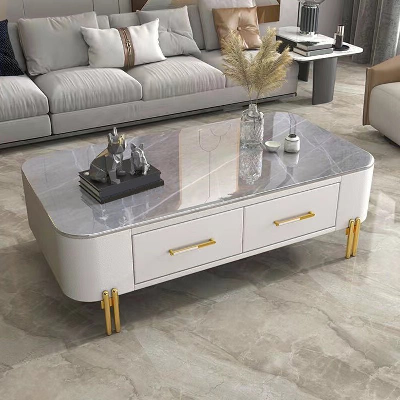 Rectangular Slate Top Coffee Table 4 Legs Cocktail Table with 2 Drawers