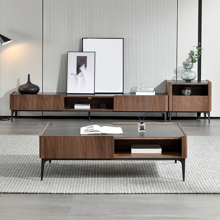 Rectangular Slate Top Coffee Table 4 Legs Cocktail Table with Storage