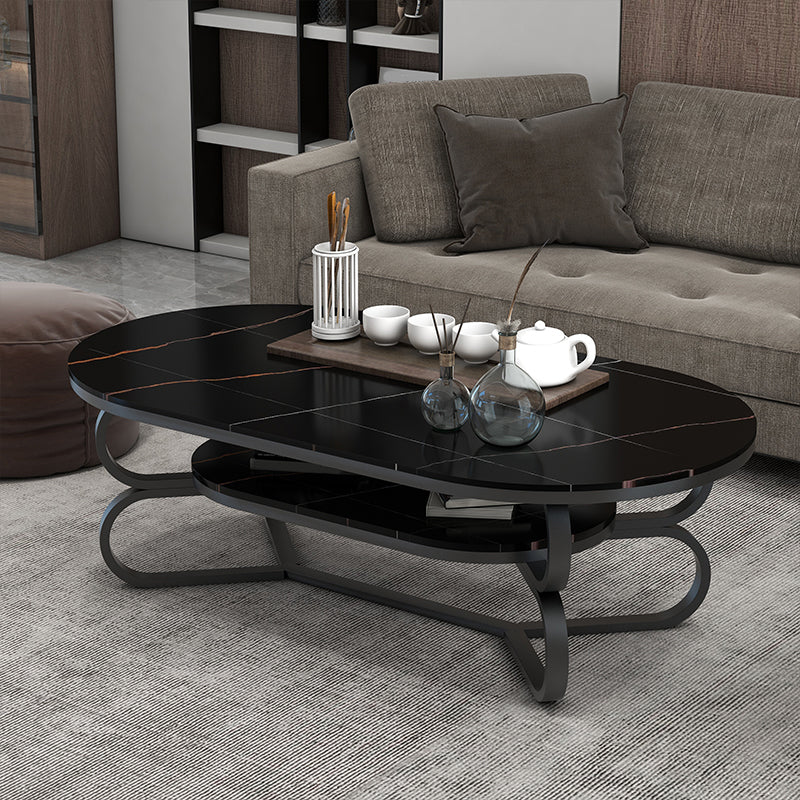 Metal Abstract Base Cocktail Table Oval Slate Top Coffee Table with Shelf