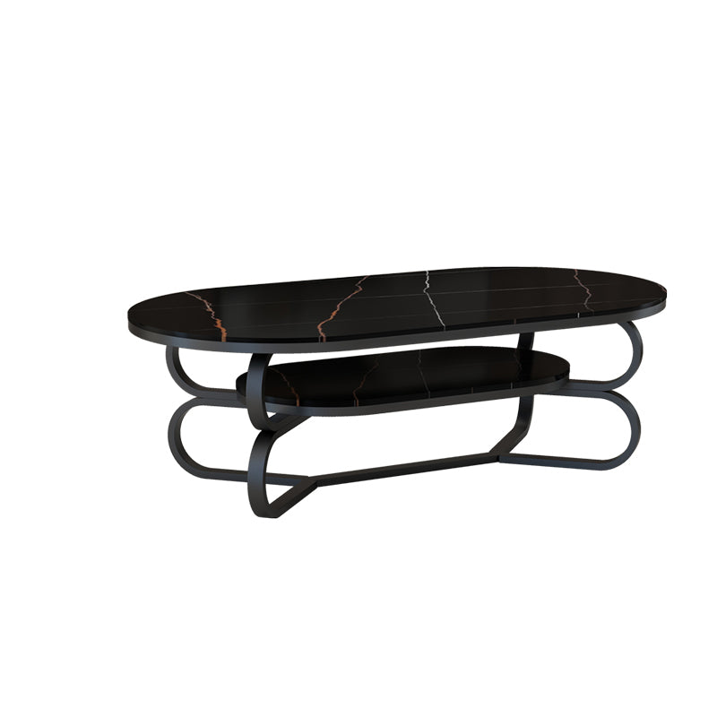 Metal Abstract Base Cocktail Table Oval Slate Top Coffee Table with Shelf