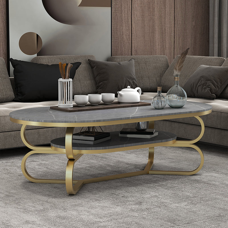 Metal Abstract Base Cocktail Table Oval Slate Top Coffee Table with Shelf