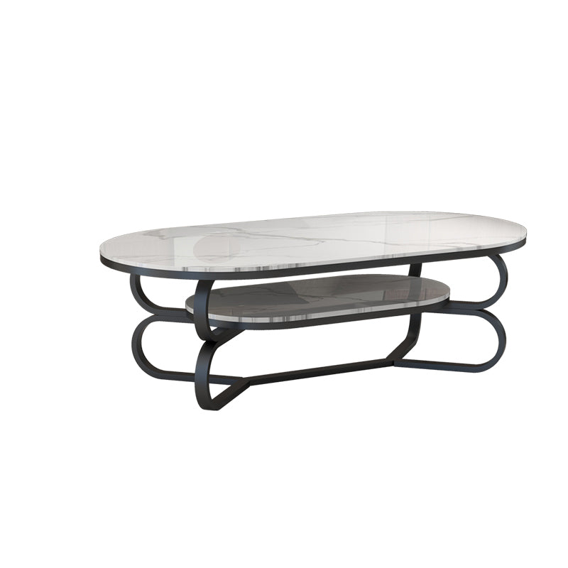Metal Abstract Base Cocktail Table Oval Slate Top Coffee Table with Shelf