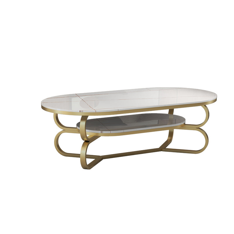 Metal Abstract Base Cocktail Table Oval Slate Top Coffee Table with Shelf