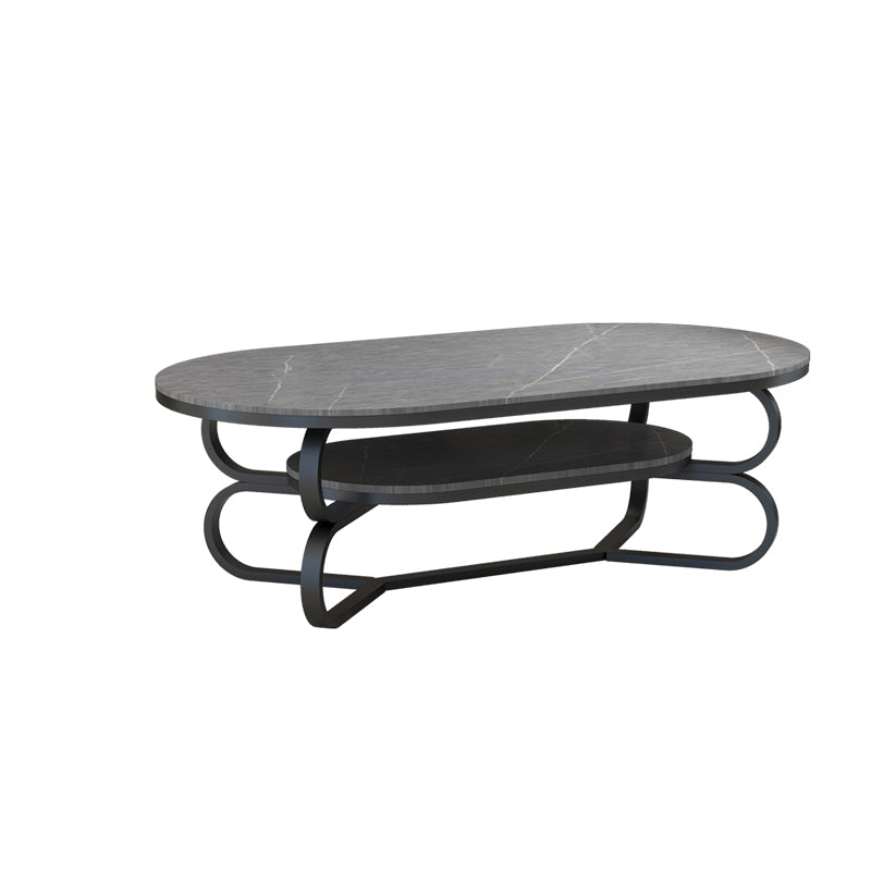 Metal Abstract Base Cocktail Table Oval Slate Top Coffee Table with Shelf