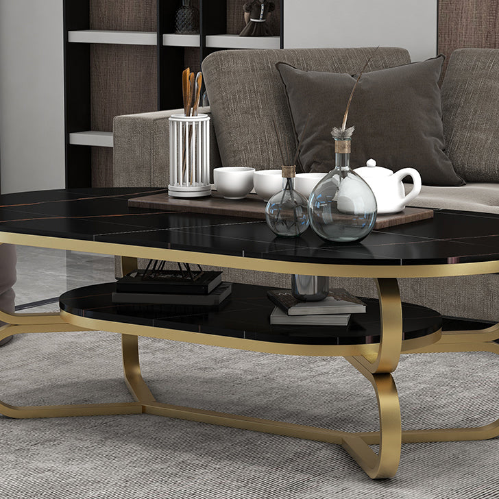 Metal Abstract Base Cocktail Table Oval Slate Top Coffee Table with Shelf