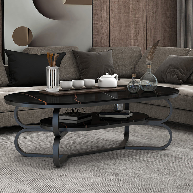 Metal Abstract Base Cocktail Table Oval Slate Top Coffee Table with Shelf