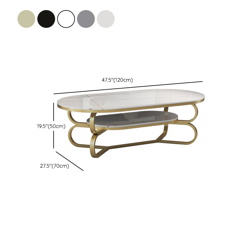 Metal Abstract Base Cocktail Table Oval Slate Top Coffee Table with Shelf