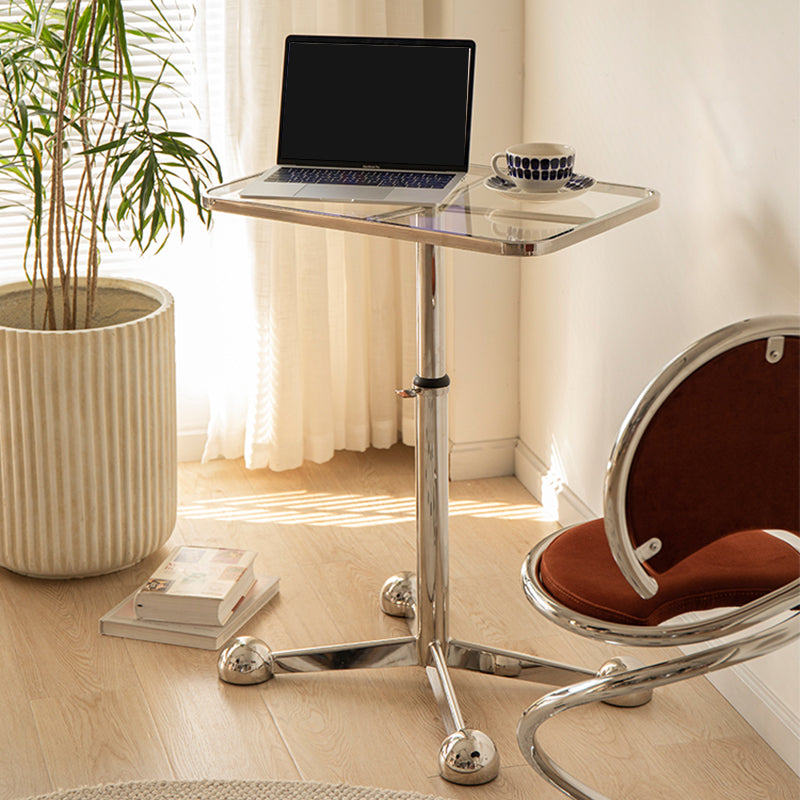 23.6" W Clear Glass End Table Pedestal Stainless Steel Side Table with Adjustable Height