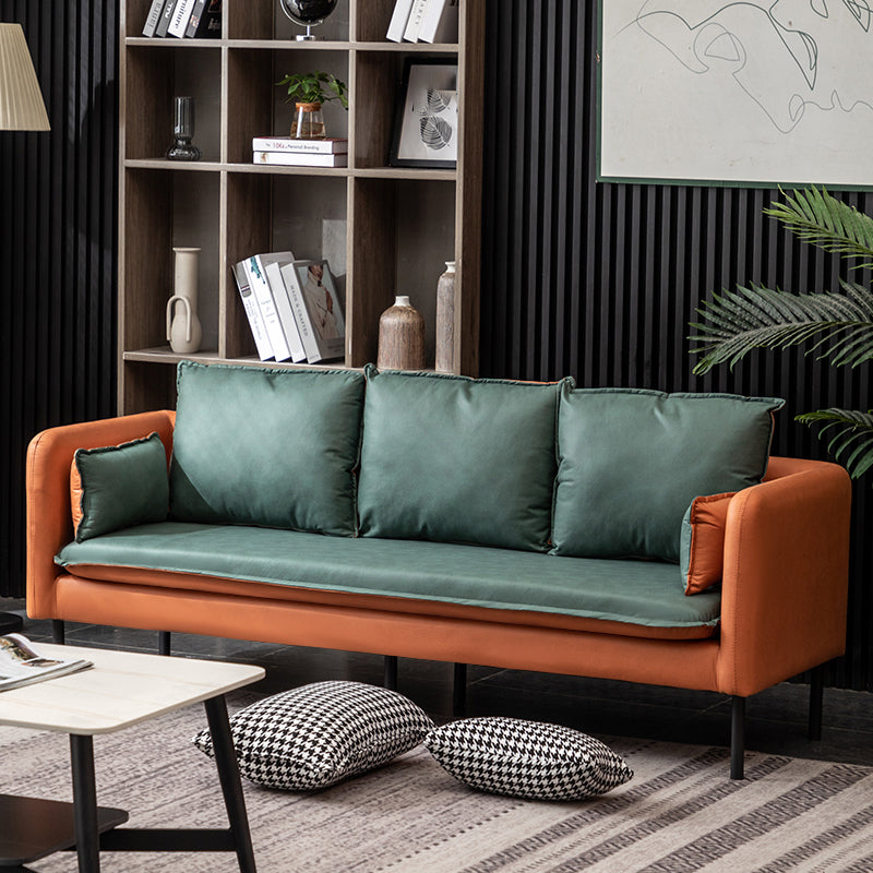 Faux Leather Sofa 27.16" High Scandinavian Tuxedo Arm Sofa with 2 Pillows
