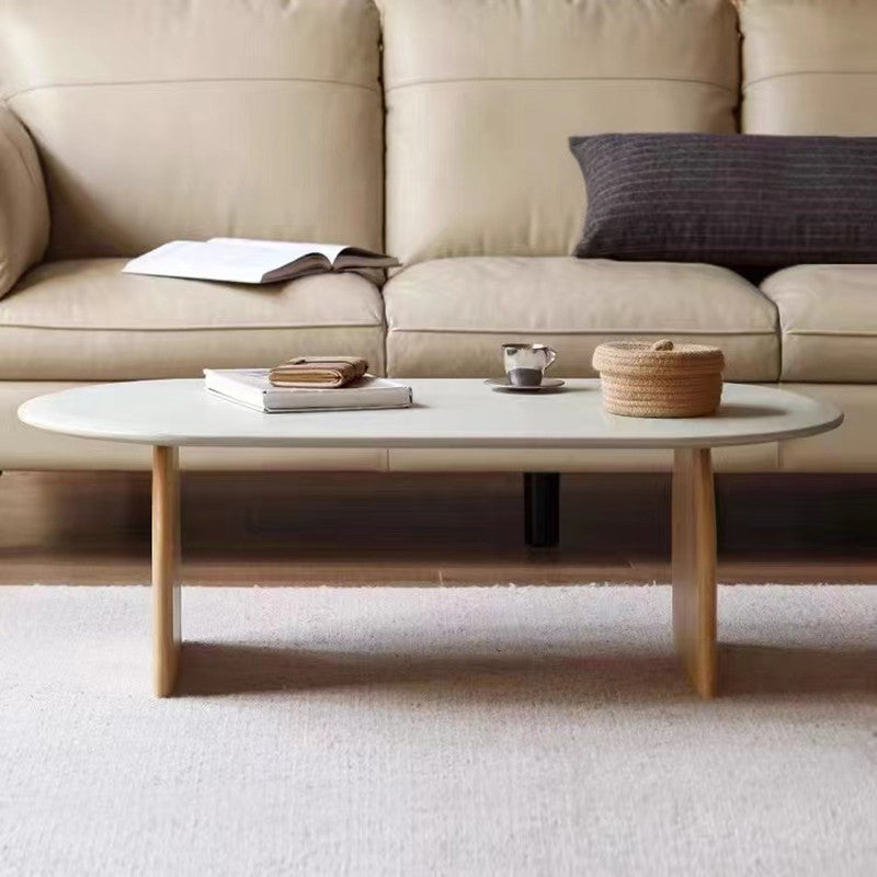 Modern 2 Legs Wooden Coffee Table Oval White Top Cocktail Table