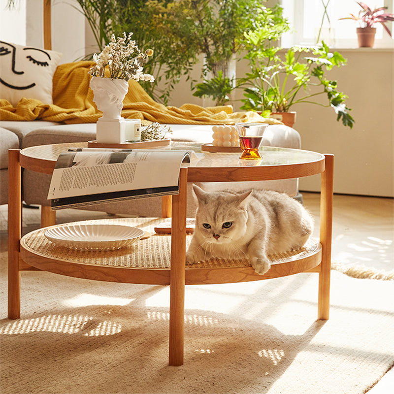Tropical Cocktail Table Solid Wood Storage Round Coffee Cocktail Table