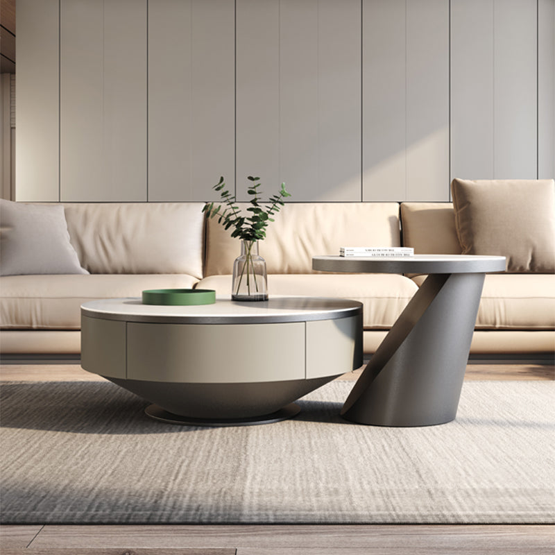 Round Pedestal Coffee Table Glam Stone Cocktail Table with 2 Drawers