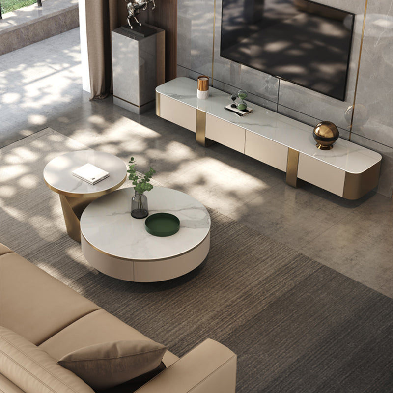 Round Pedestal Coffee Table Glam Stone Cocktail Table with 2 Drawers