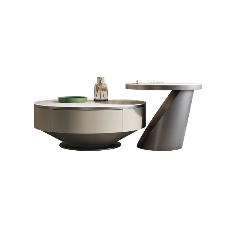 Round Pedestal Coffee Table Glam Stone Cocktail Table with 2 Drawers