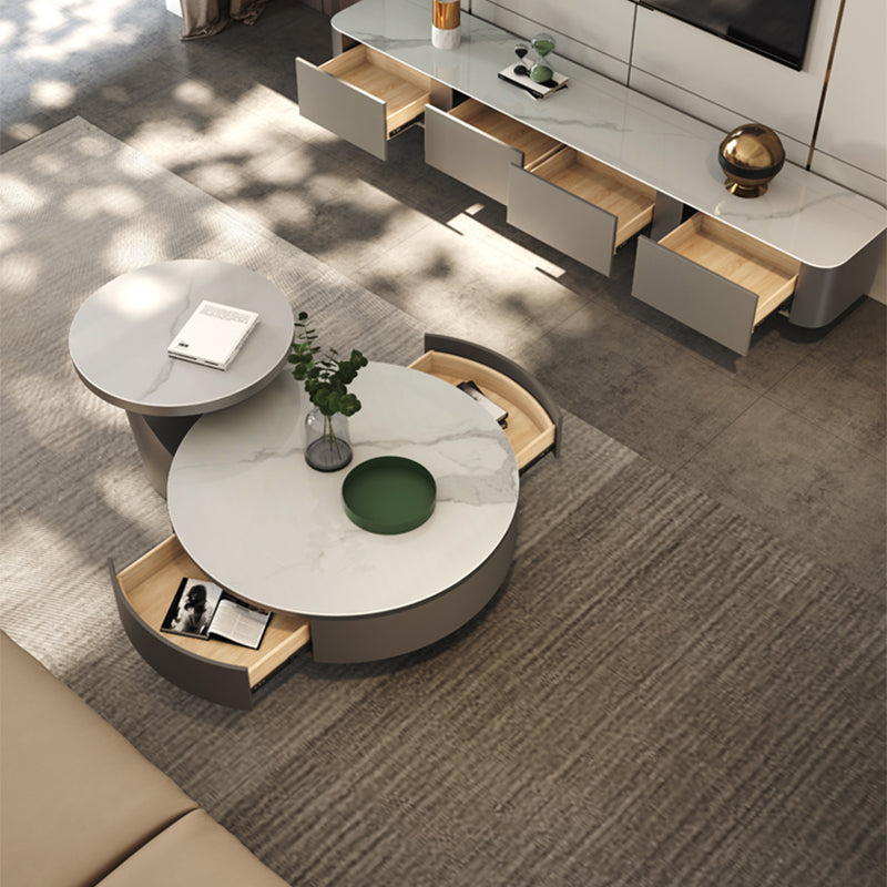 Round Pedestal Coffee Table Glam Stone Cocktail Table with 2 Drawers