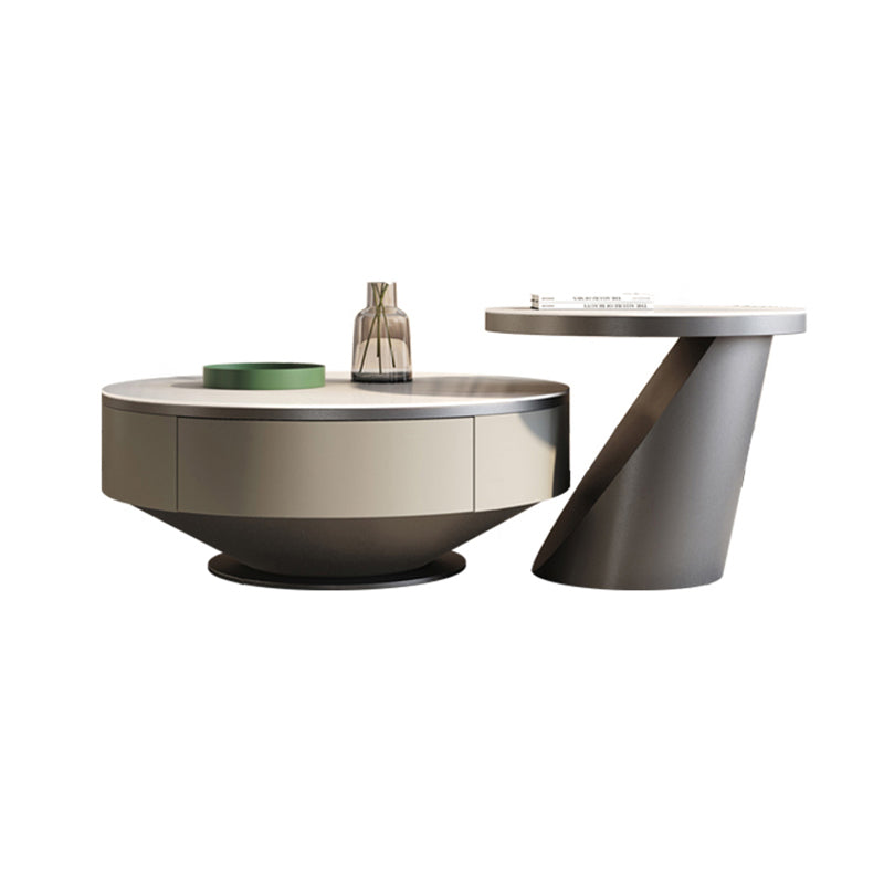 Round Pedestal Coffee Table Glam Stone Cocktail Table with 2 Drawers
