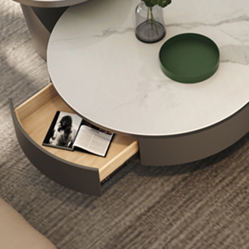 Round Pedestal Coffee Table Glam Stone Cocktail Table with 2 Drawers