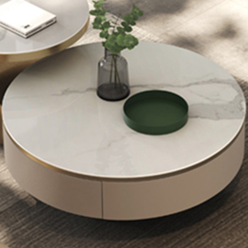 Round Pedestal Coffee Table Glam Stone Cocktail Table with 2 Drawers