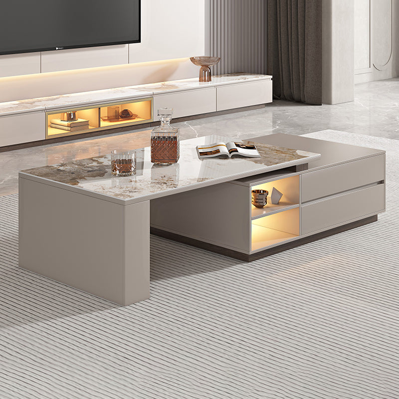 Glam Coffee Table Rectangle Stone Single Cocktail Table with Storage Drawers