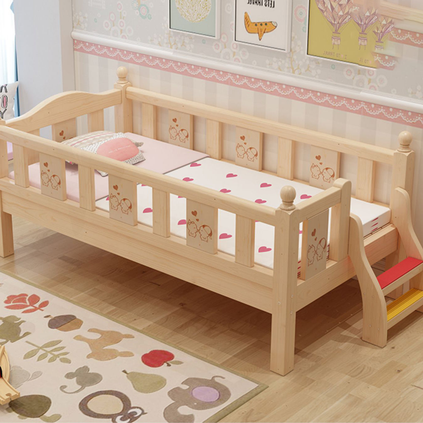 Traditional Style Solid Wood Baby Crib with Guardrail and Mattress