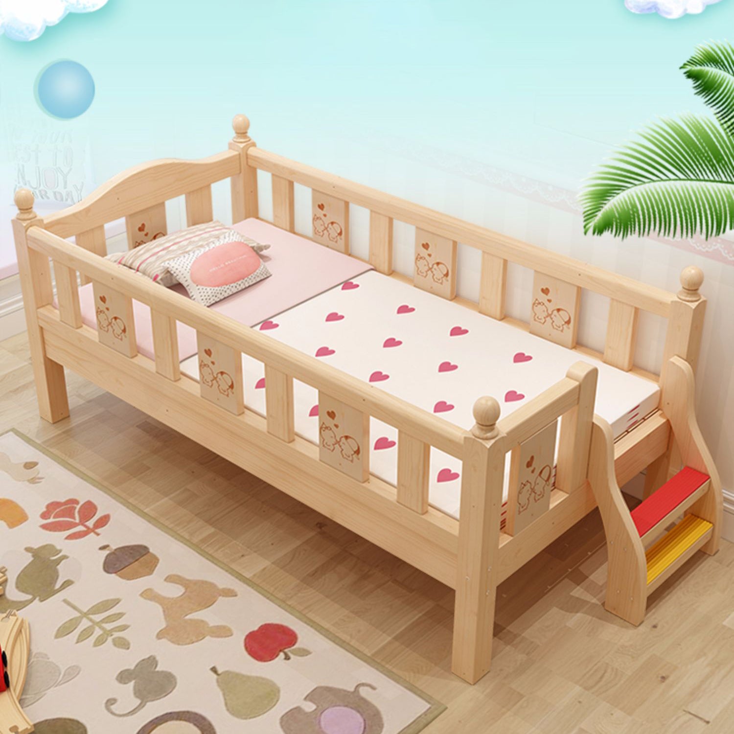 Traditional Style Solid Wood Baby Crib with Guardrail and Mattress