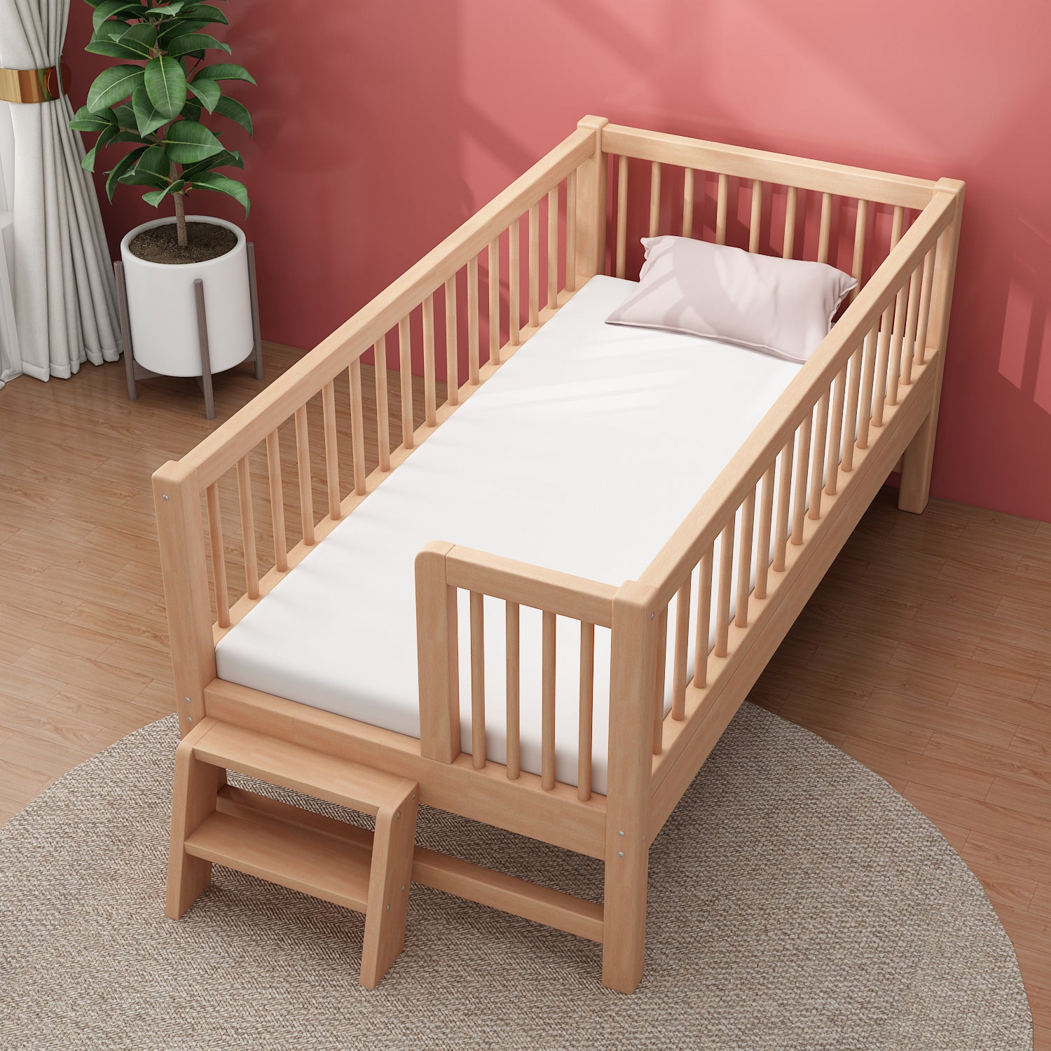 Glam Style Beech Wood Nursery Bed in Nature with Guardrail for Bedroom
